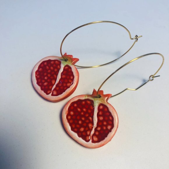Red Pomegranate Hoop Earrings with Gold Hoops (Made with Polymer Clay & Resin) - Picture 12 of 12
